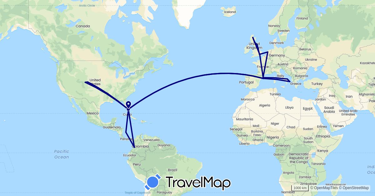 TravelMap itinerary: driving in Colombia, Spain, United Kingdom, Italy, Netherlands, United States (Europe, North America, South America)
